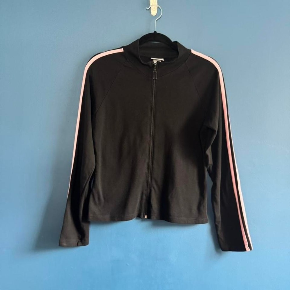 Y2K Full Zip Sweatshirt Women's Size Medium Black Pink Stripe C.W. Sport Retro